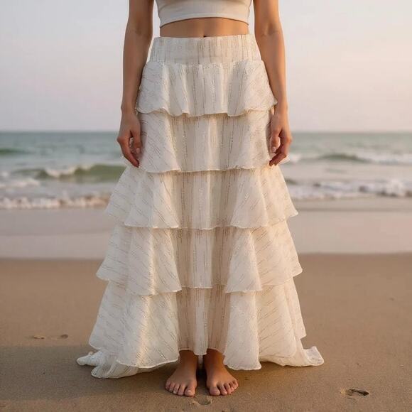 SHORE Dresses & Skirts - NWT | SHORE Coastal Boho Chiffon Maxi Skirt White Metallic Gold sz M | MSRP $248
